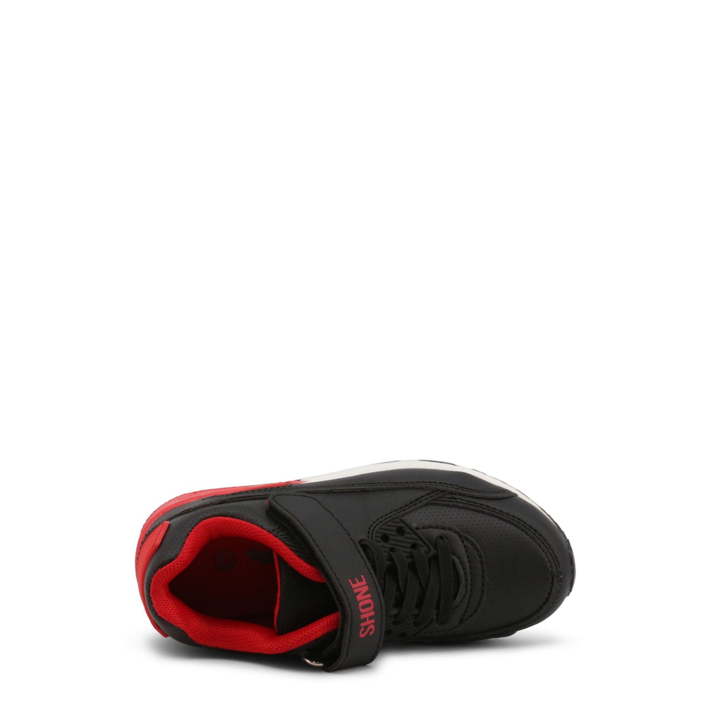 Scarpa sportiva bambino nero rosso con strappo, punta tonda e inserto nella suola