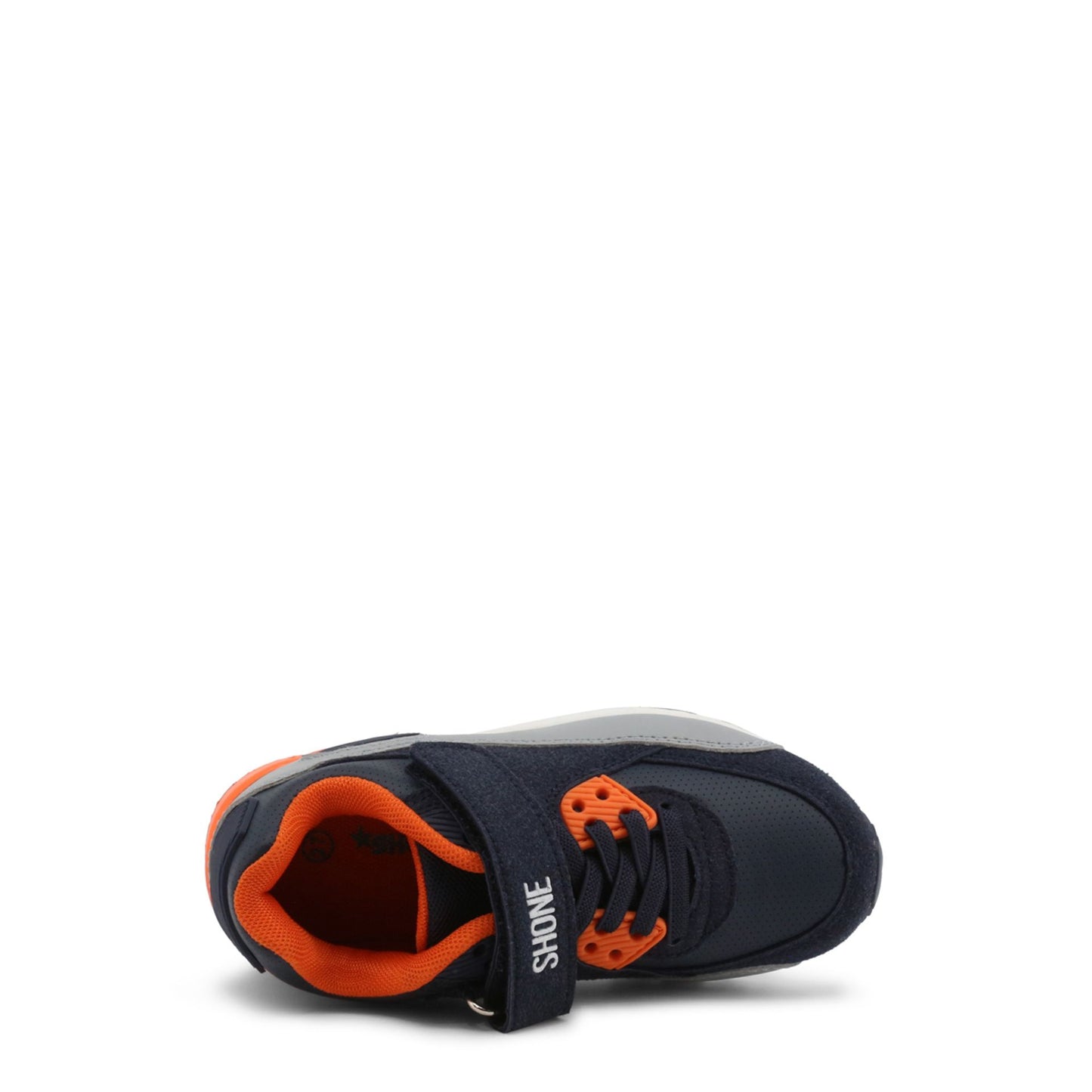 Scarpa sportiva bambino navy arancione con strappo, punta tonda e inserto nella suola